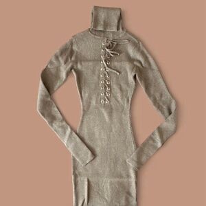 turtleneck bodycon sweater midi dress with lace-up detail